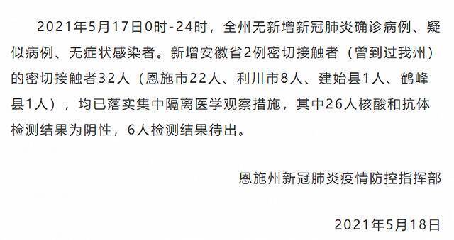 湖北恩施5月17日新增安徽密接者的密切接触者32人