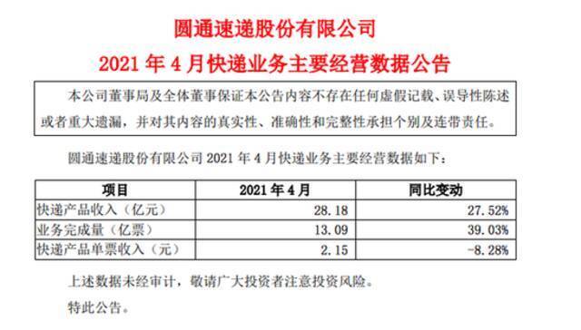 圆通速递：4月快递产品收入同比增长27.52%