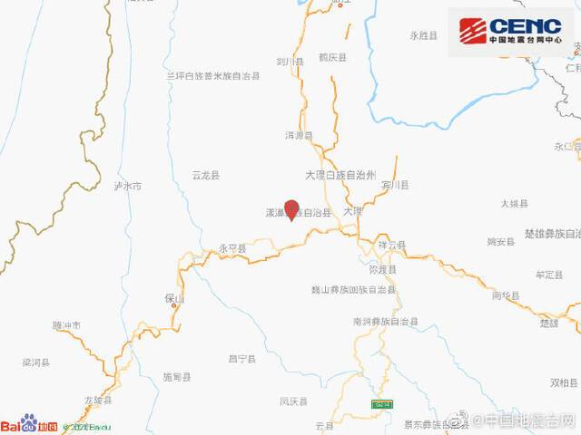 云南大理州漾濞县发生3.1级地震 震源深度8千米