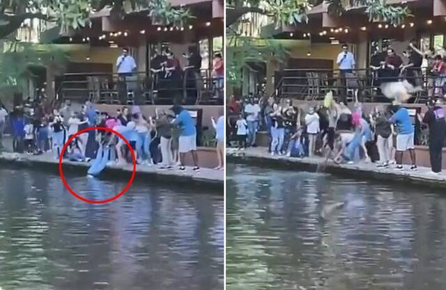 美国得克萨斯州一男子倒栽进河里帮路人捡回钱包 头全浸入水中