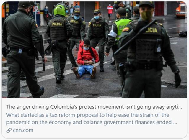 哥伦比亚抗议民众的愤怒暂时不会消失。/CNN报道截图