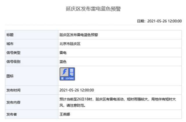 雷电+大风！北京多区发布雷电蓝色预警和大风蓝色预警