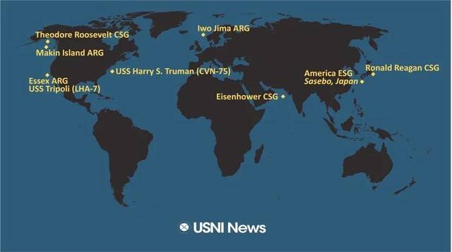 美国海军航母和两栖攻击舰在5月17日的全球部署情况