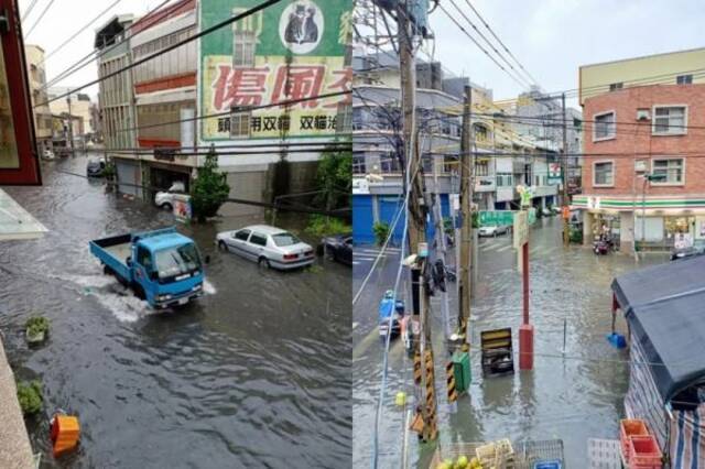 图为严重积水的彰化街头。（台湾雅虎奇摩新闻网）