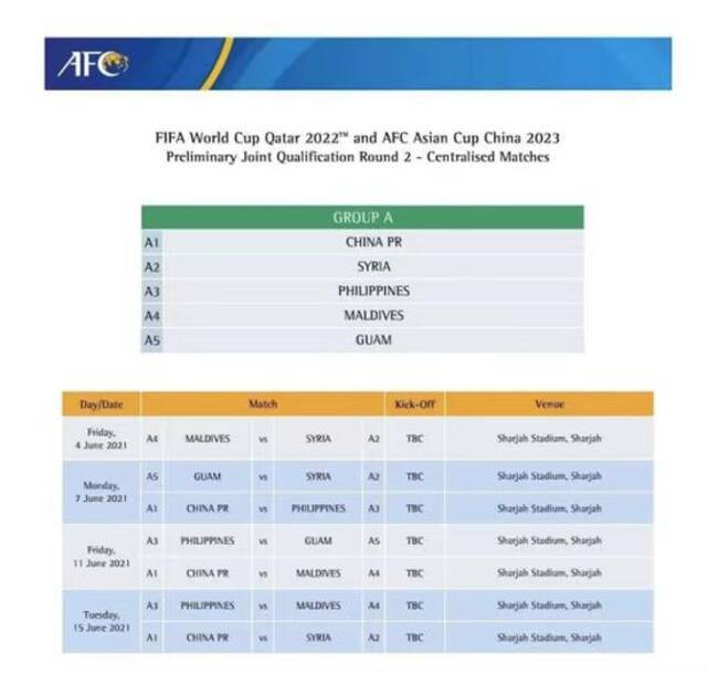 40强赛国足赛程确定，6月7日战菲律宾队