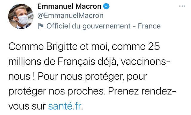 △法国总统马克龙在社交媒体上宣布他和夫人接种第一剂新冠疫苗