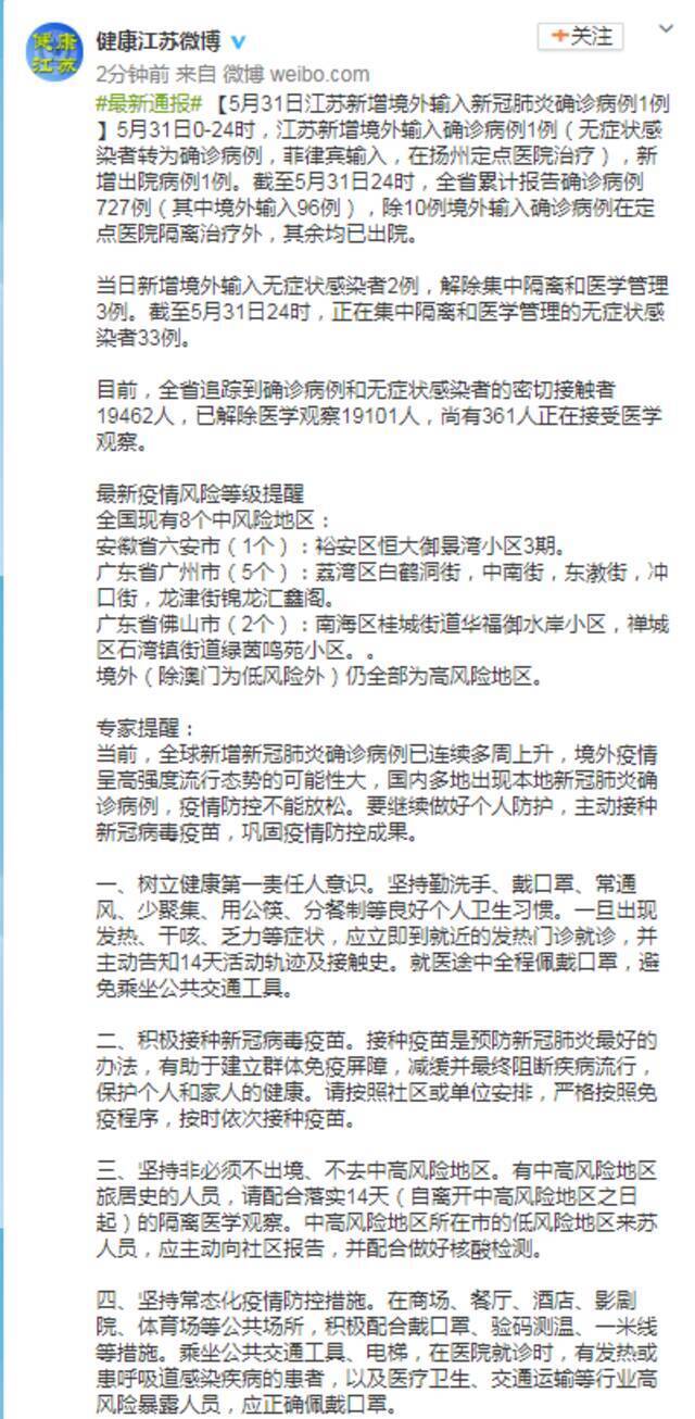 5月31日江苏新增境外输入新冠肺炎确诊病例1例
