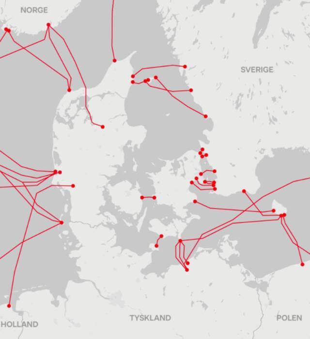 ·海底互联网光缆图，丹麦与多国互联网光缆相连。