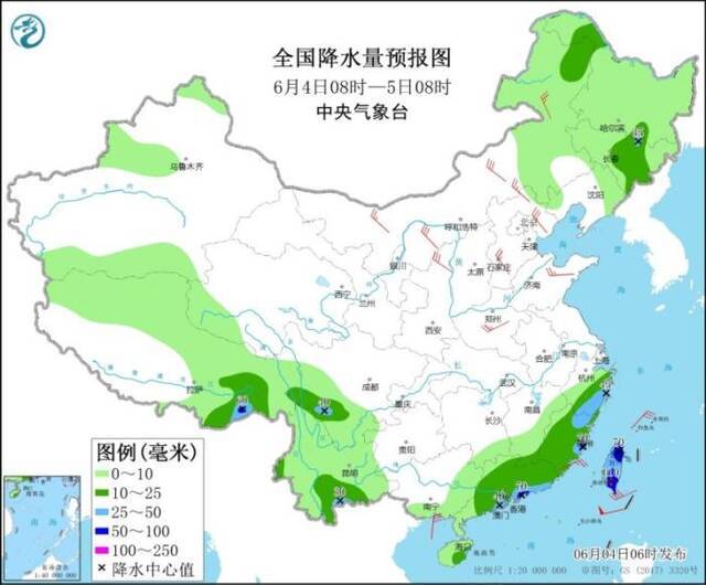 全国降水量预报图(6月4日08时-5日08时)