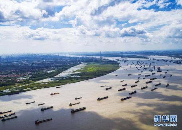 船舶在湖北省武汉市阳逻港区水域行驶（2018年8月13日摄，无人机照片）。新华社记者肖艺九摄