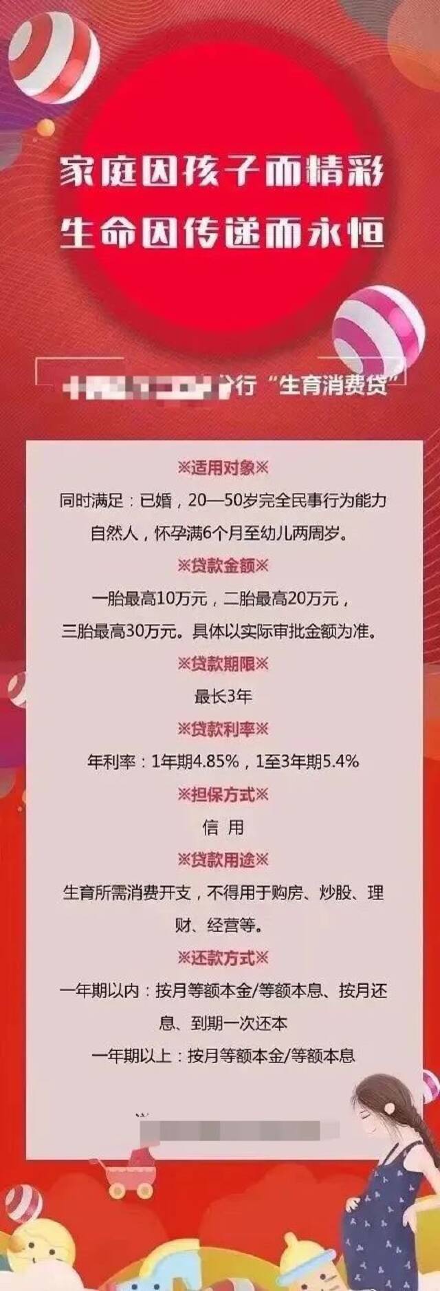 ▲某银行江西分行推出面向三胎家庭的“生育消费贷”。