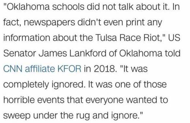 △俄克拉荷马州的参议员詹姆斯·兰克福德：俄克拉荷马州的学校没有谈论此事。事实上，报纸甚至没有刊登任何有关“塔尔萨种族大屠杀”的信息，这完全被忽视了。这是所有人都想掩盖和忽视的可怕事件之一。（美国有线电视新闻网报道截图）
