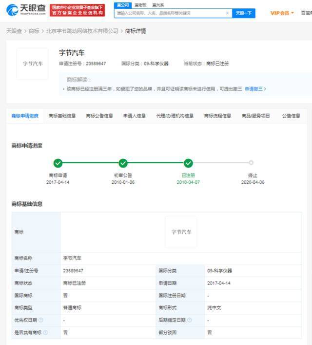 字节内部转让汽车商标 受让人经营范围含五金交电