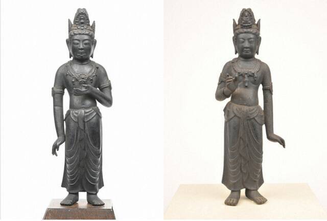左为个人收藏的势至菩萨像，右为真光寺所藏的观音菩萨像（大津市历史博物馆供图）