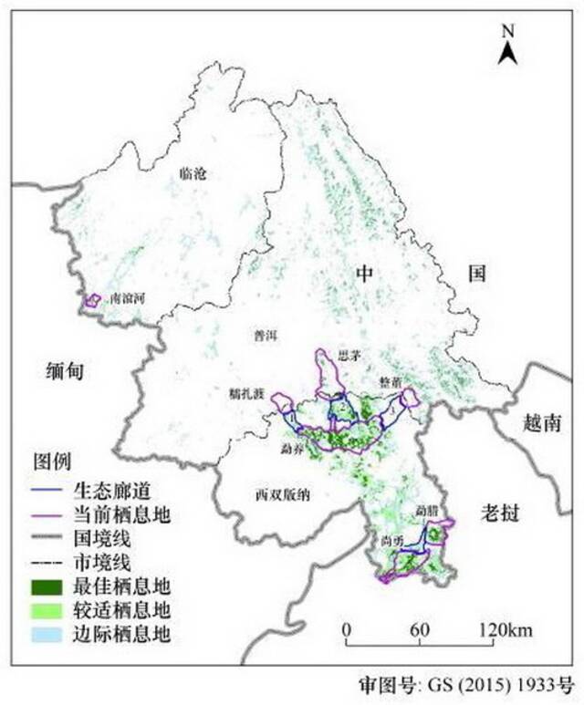 普洱与西双版纳亚洲象栖息地与规划的生态廊道资料来源：《普洱市亚洲象栖息地适宜度评价》