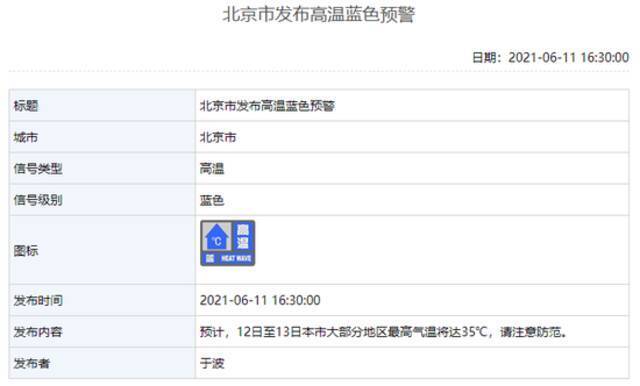 35℃！北京发布今年首个高温蓝色预警