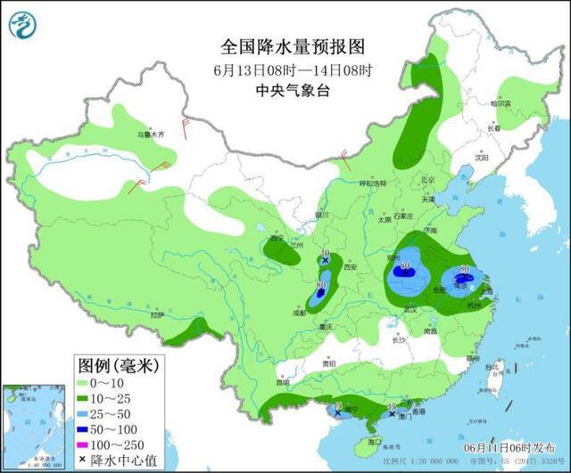 图3全国降水量预报图（6月13日08时-14日08时）