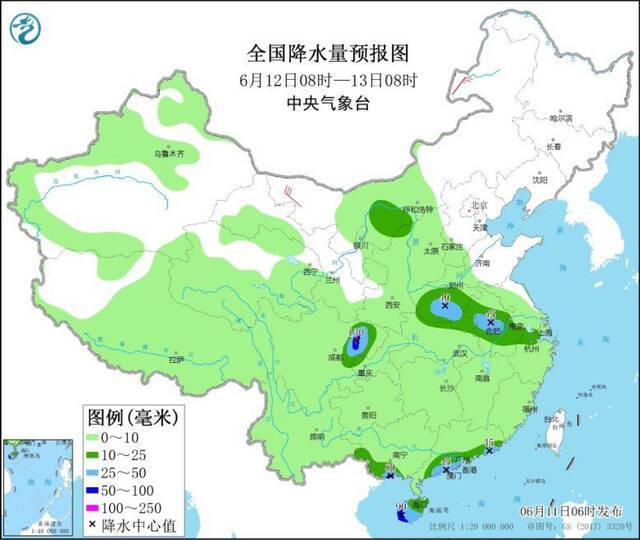 图2全国降水量预报图（6月12日08时-13日08时）