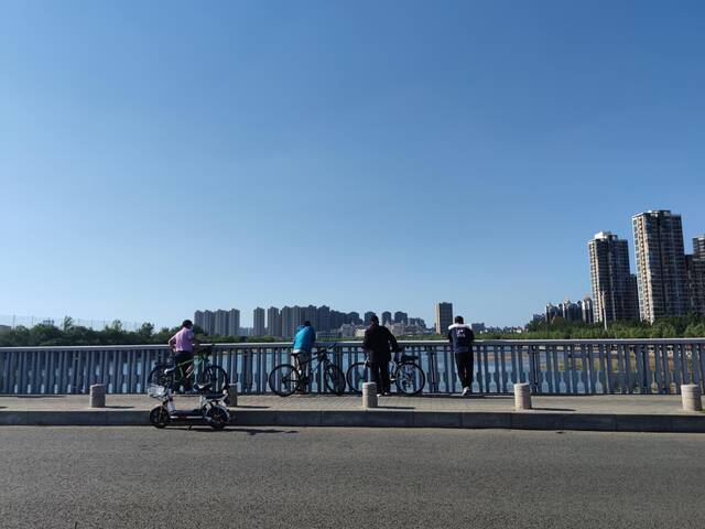 5月29日，潮白河大桥上看水的市民。新京报记者赵敏摄