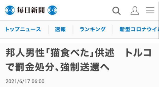 日媒：一名居住在土耳其的日本男子将被强制遣返 因为“吃猫”