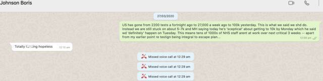 △卡明斯公布的截图：约翰逊首相怒斥英国卫生大臣汉考克“不中用”