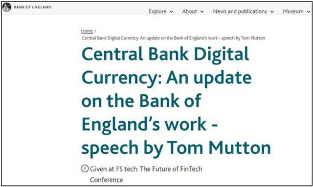 英格兰银行网站公布的其金融技术总监汤姆·穆顿的演讲截图