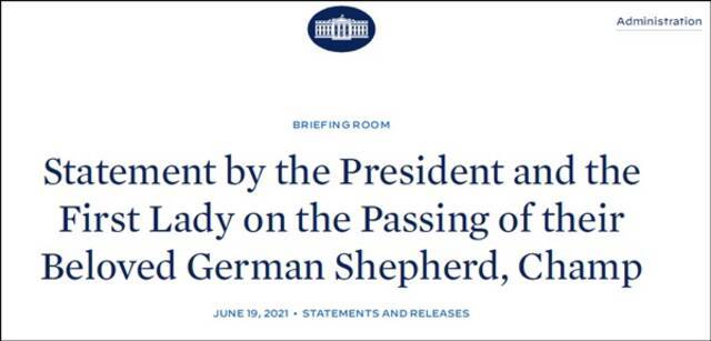 拜登在白宫网站发文悼念自己的宠物狗