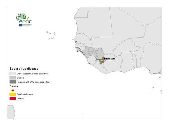 △出现埃博拉病例的几内亚东南部恩泽雷科雷省位置图。