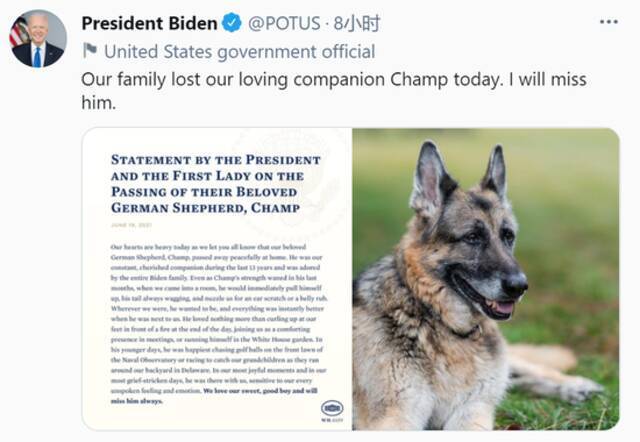 拜登19日转发白宫一则声明并发推称：“我们家今天失去了我们挚爱的伙伴‘冠军’。我会想念他的。”