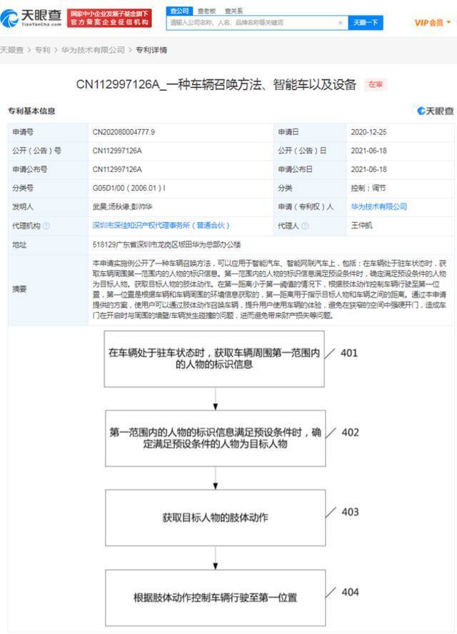 华为公开肢体动作召唤车辆专利 将应用于智能汽车上