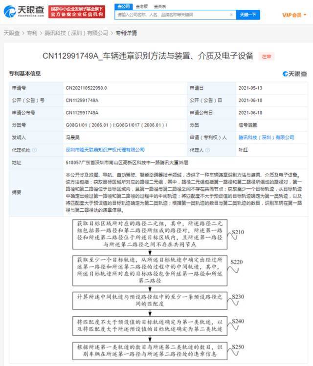 腾讯公开车辆违章识别专利 涉及智能交通技术领域