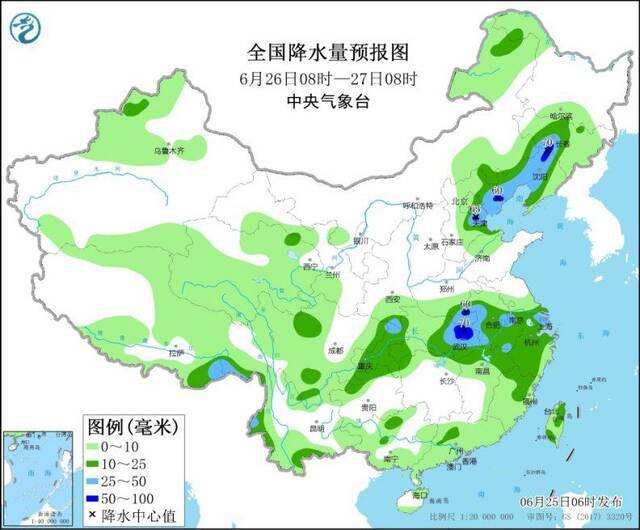 全国降水量预报图（6月26日8时-27日8时）