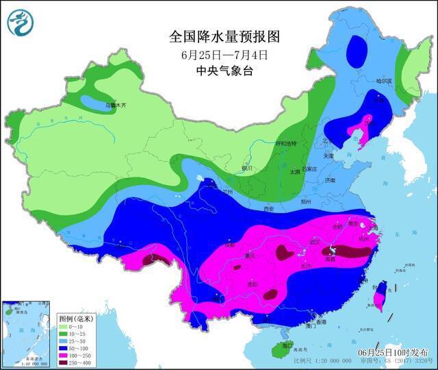 △6月25日—7月4日全国降水量预报图