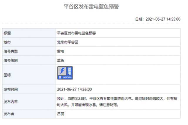 北京怀柔、昌平、延庆、平谷区发布雷电蓝色预警