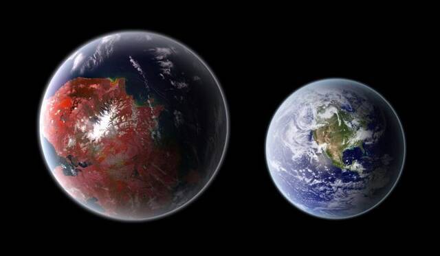 潜在的宜居行星开普勒422-b（左）与地球（右）的艺术表现。资料来源：Ph03nix1986/ Wikimedia Commons