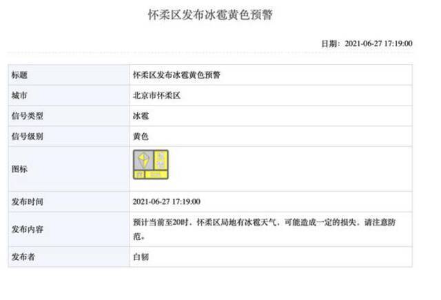注意防范！北京五区发布冰雹黄色预警