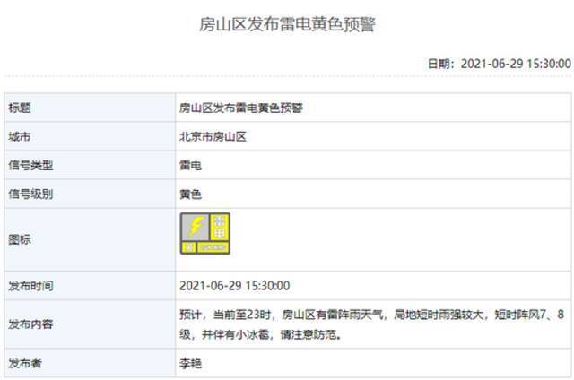 北京三区发布雷电黄色预警