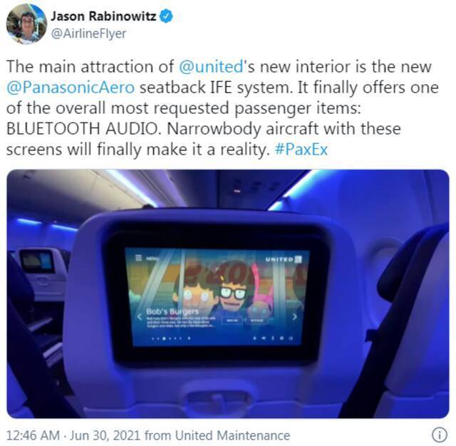 美联航为新客机上的信息娱乐系统引入了蓝牙耳机连接功能