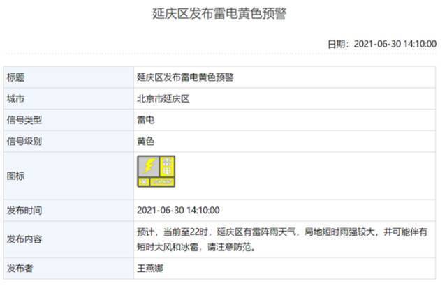 注意防范！北京多区发布雷电和冰雹黄色预警