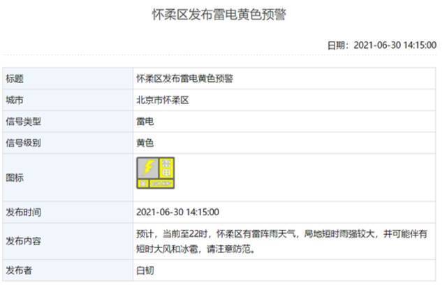 注意防范！北京多区发布雷电和冰雹黄色预警