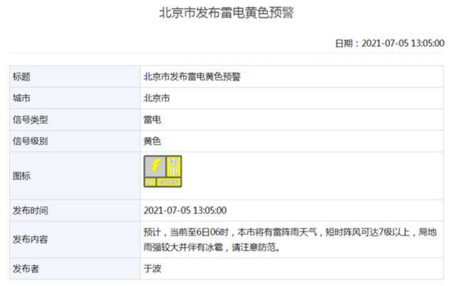 北京发布雷电黄色预警 阵风7级以上 还有雷雨冰雹