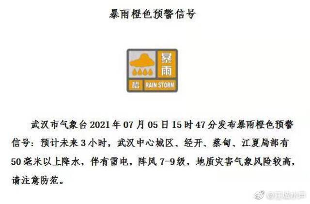 武汉市气象台发布暴雨橙色预警：局部阵风7-9级，地质灾害气象风险较高