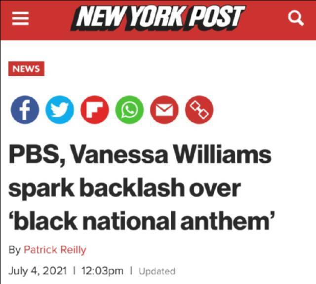 《纽约邮报》报道截图：美国公共广播公司、凡妮莎·威廉姆斯因“黑人国歌”引发反对。