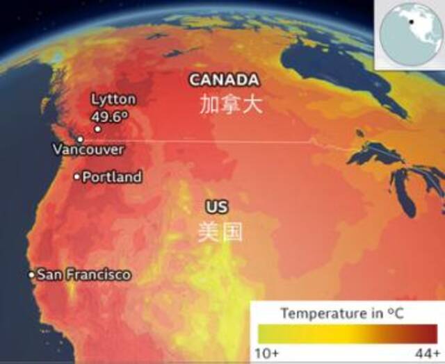 加拿大和美国西北部的气温在6月29日达到历史最高水平。图片来源于BBC Weather