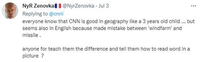 ▲众所周知，CNN的地理就和三岁小孩一样好，但现在看来英语也是，因为他们连“风力发电场”和“导弹”都分不清。有人愿意教教他们如阅读图片上的文字吗？