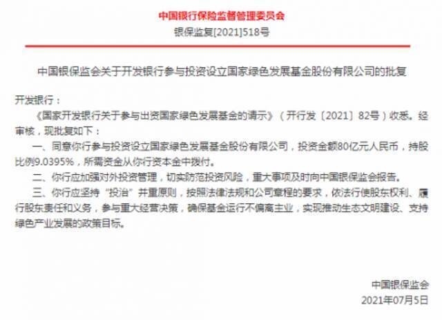 国开行获准以80亿元资金参投国家绿色发展基金