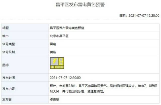 北京五区发布雷电预警！怀柔冰雹预警，延庆暴雨预警