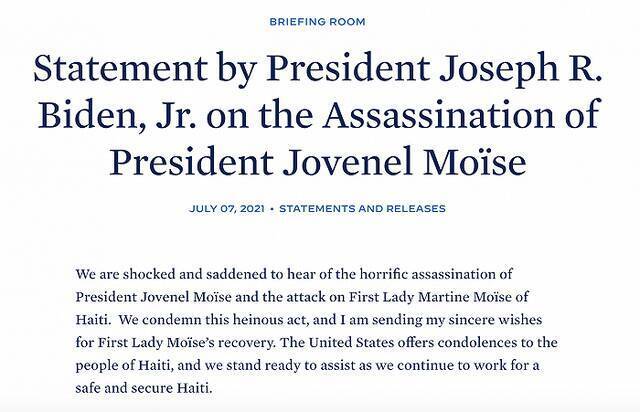 拜登就海地总统遇刺发表声明：感到震惊和悲痛，随时准备提供协助