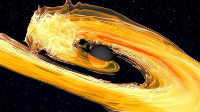 黑洞可以撕裂一颗中子星，也可以将其整个吞没（模拟图）。图片来源：V. CHAURASIA/T. DIETRICH