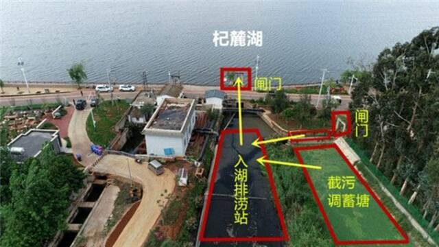 入湖排涝站与环湖截污工程、杞麓湖之间均有闸门连通，污水直排杞麓湖，环湖截污工程成为摆设。中央生态环保督察组摄